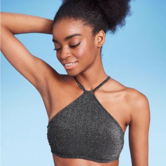 NWT WILD FABLE WOMENS BIKINI TOP HALTER BRALETTE BLACK LUREX - Picture 3 of 7